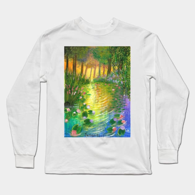 sunset on the pond of lotus and lily relaxing scenery acrylic painting Long Sleeve T-Shirt by Sangeetacs